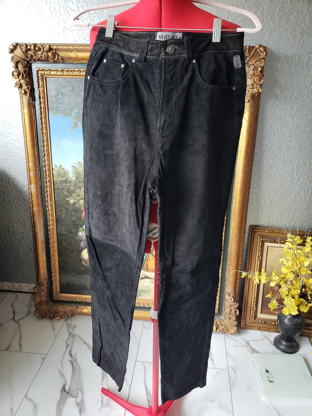 Versace Black Straight Suede Jeans for Men - Classic Luxe